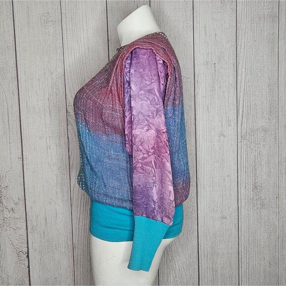 VTG 80s Ron Fritts Colorful Boucle Sweater With Purple Floral Sleeves, sz Large - Picture 4 of 8